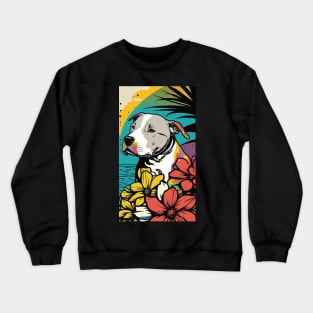 American Staffordshire Terrier PitBull Dog Vibrant Tropical Flower Tall Retro Vintage Digital Pop Art Portrait 6 Crewneck Sweatshirt